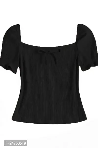 Luktrima Lycra Fabric Square Neck Puff Sleeve Top for Women and Girls (S to L) (Large, Black)