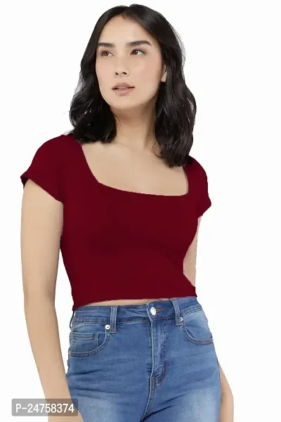 Luktrima Women?s Regular Fit Square Neck Crop Tops for Girls (S to L) Maroon-thumb1