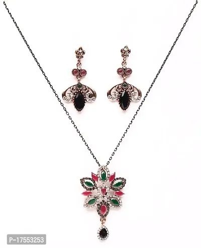 VSASA?S Elegant Exclusive Designer Rose Gold OXIDISED Plating Antique Collection of Floral PENDENT and Earrings with Multicoloured Stones