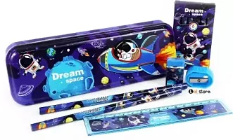 Metal Geometry Pencil Box 1 Ruler Scale Pencil Sharpener Eraser 2 Pencils Set Pack of 6 pcs Stationery kit Dream Space Theme Return Gift-thumb2