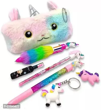 Unicon combo ,Unicorn staionery set Theme Combo of 7pcs, Unicorn Stationery Set for Kids, School Stationery Set with Keychain, Highlighter, Pen, Pencil, Erasers, Pouch, Best Birthday  Return Gift Set