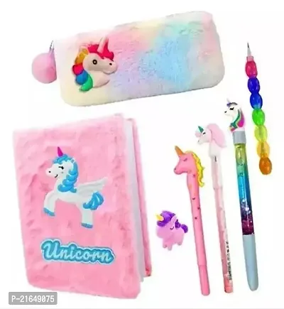 Unicorn School Stationery Return Gift Set Combo-7Pcs for Girls, a6 Size Unicorn Mini Fur Diary Notebook for Girls with Fur Pencil Box, Fur Cotton Pencil Pouch, Unicorn Pen, Unicorn Bullet Pencil, Desi