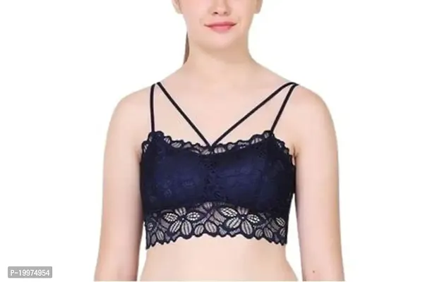 Dermaque Women's Silky Net Lightly Padded Non-Wired Full Coverge Seamless Bralette Bra (Removable Pads) Black (Free, Nevy Blue)