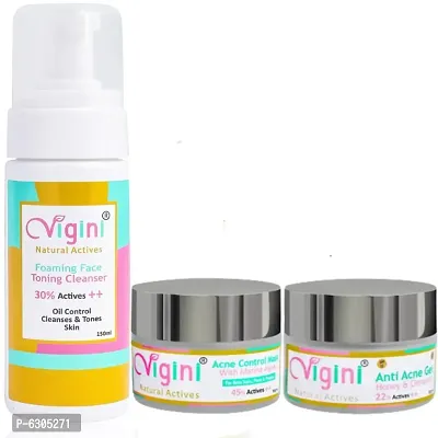 Vigini Natural Anti Acne Face Gel + Foaming Toning Cleansing Wash + Marine Algae Clay Mask for Prone Bumpy Oily Skin Reduce Pimple and Blackheads Lighten Scars Pore for Men and Women