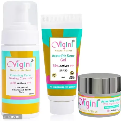 Vigini Acne Pitstop Face Gel + Foaming Toning Cleansing Wash + Marine Algae Clay Mask Pimple Blackheads Remover Oily Prone Skin Reduce Redness Scars Dries Blemishes Unclog Pores Men and Women