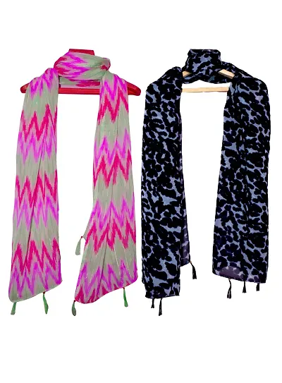 Woman/Girls Printed Stole/Scarf With Tassels Pack of 2