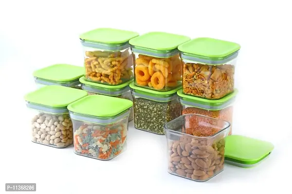 Global Voice Kitchen Plastic Storage Box Set | Unbreakable Sturdy Airtight Transparent Jar | Kitchen Container | PET-Grocery Containers (Pack of 10, Green, 600 ml)-thumb3