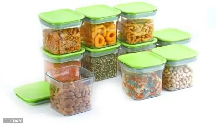 Global Voice Kitchen Plastic Storage Box Set | Unbreakable Sturdy Airtight Transparent Jar | Kitchen Container | PET-Grocery Containers (Pack of 10, Green, 600 ml)