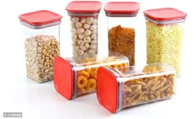 Global Voice Kitchen Plastic Storage Box Set | Unbreakable Sturdy Airtight Transparent Jar | Kitchen Container | PET-Grocery Containers (Pack of 6, Red, 1100 ml)