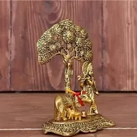 Metal Krishna with Kamdhenu Cow Standing Under Tree Plying Flute Gift Item Decorative Showpiece for Home and Office Decor (Metal, Gold)-thumb1