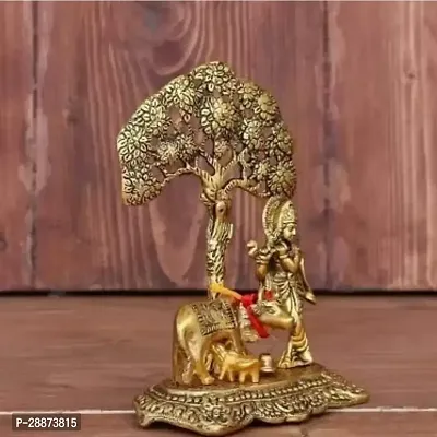 Metal Krishna with Kamdhenu Cow Standing Under Tree Plying Flute Gift Item Decorative Showpiece for Home and Office Decor (Metal, Gold)-thumb2