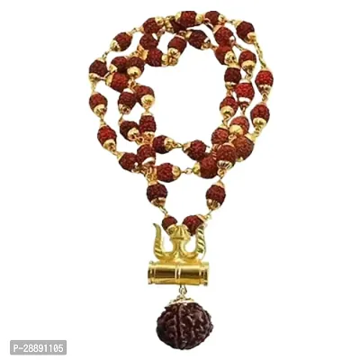 SANSKAARI Rudraksh Gold Plated Shiv Shakti Brown Wood Trishula Damru Locket Pendant Necklace Chain Mala-thumb0