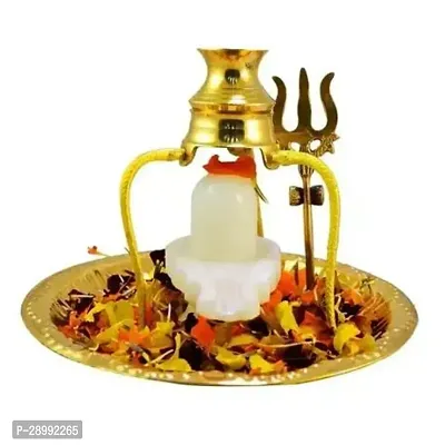 SANSKAARI White Shiva Ling Lingam Statue Hindu Puja Brass Plate with Stand Decorative Pooja Thali Shivling White Marble Stone Trishul Set-thumb0