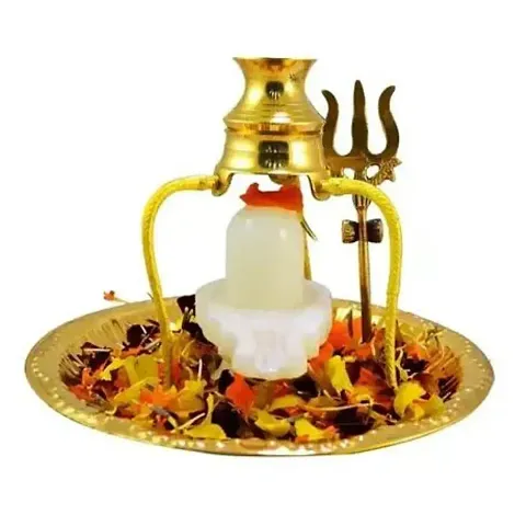 BANSIGOODS White Shivling Shiva Ling/Shivling with Brass Plate, Kalash with Stand/Trishul Brass (1 Pieces, Gold)