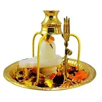 SANSKAARI White Shiva Ling Lingam Statue Hindu Puja Brass Plate with Stand Decorative Pooja Thali Shivling White Marble Stone Trishul Set-thumb1