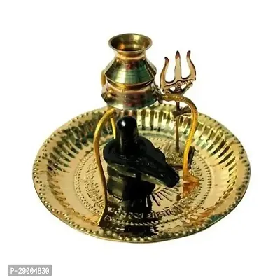 SANSKAARI Black shivling Stand Full thali Set with Abhishek Lota Kalash Plate with Brass Plate, Black Marble Shivling Idol with Kalash Stand Lota, Om Pooja Thali  Trishul (Metal,Gold)-thumb0