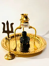 SANSKAARI Black shivling Stand Full thali Set with Abhishek Lota Kalash Plate with Brass Plate, Black Marble Shivling Idol with Kalash Stand Lota, Om Pooja Thali  Trishul (Metal,Gold)-thumb1