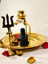 SANSKAARI Black shivling Stand Full thali Set with Abhishek Lota Kalash Plate with Brass Plate, Black Marble Shivling Idol with Kalash Stand Lota, Om Pooja Thali  Trishul (Metal,Gold)-thumb2