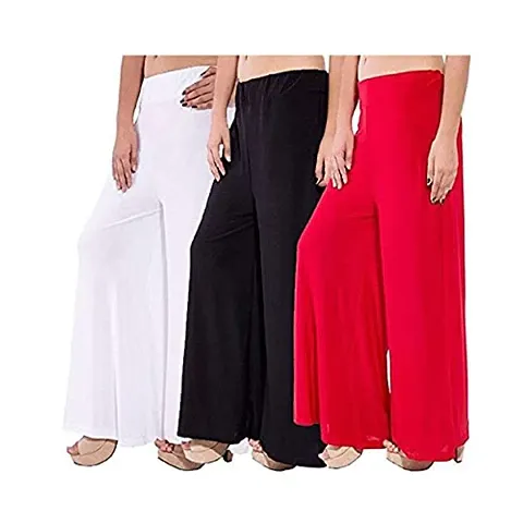 Aaru Collection Soft & Stretchable Malai Lycra Free Size Plazzo Pants for Women Palazzo Pants for Womens Plazoo Plazo Combo (Pack of 3) (White,Black,Red)