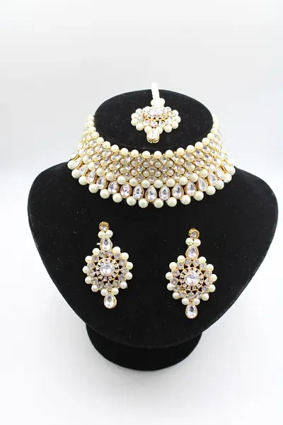Gold Alloy Beads Based Bridal Fancy Jewel Set With Pair Of Earring  Maangtika