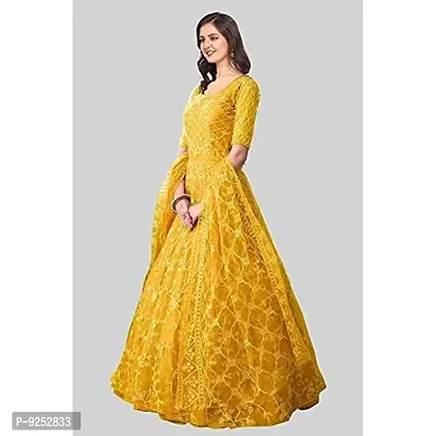 Vaani Creation Net Embroidery Anarkali Semi Stitched Gown(Free Size) Yellow-thumb3