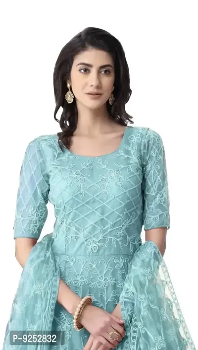 Vaani Creation Net Embroidery Anarkali Semi Stitched Gown(Free Size) Sky Blue-thumb2