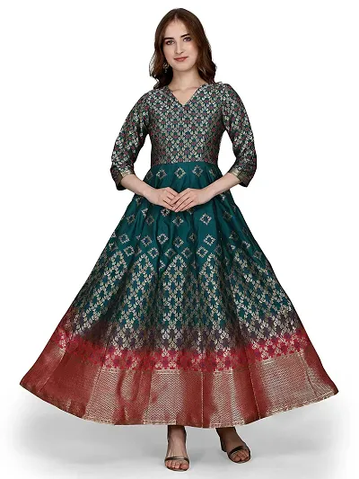 Vaani Creation Women's Jacquard Semi Stitch Gown (Free Size) (Peacock Blue)