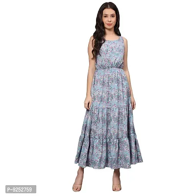 Vaani Creation Floral Printed Three Gathered Sleeveless Dress-thumb0