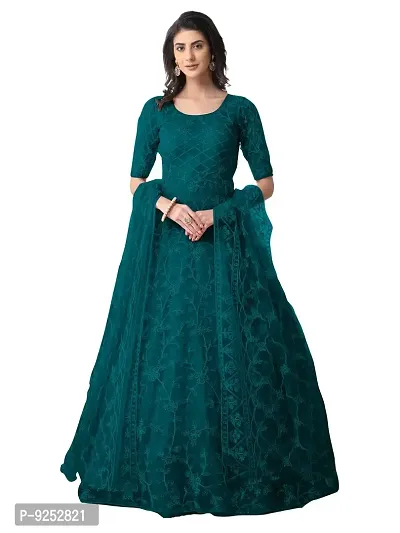 Vaani Creation Women's Embroidered Semi Stitch Net Gown with Dupatta(Free Size) (Peacock Blue)-thumb0