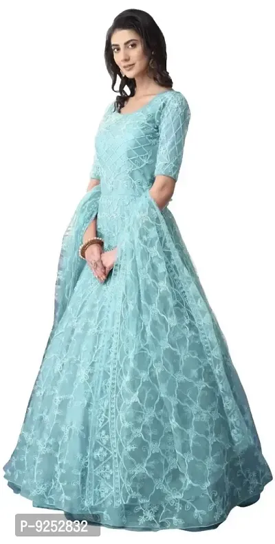 Vaani Creation Net Embroidery Anarkali Semi Stitched Gown(Free Size) Sky Blue-thumb5