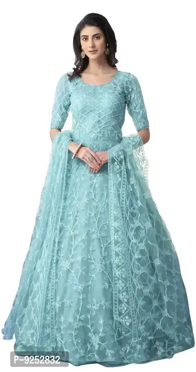 Vaani Creation Net Embroidery Anarkali Semi Stitched Gown(Free Size) Sky Blue