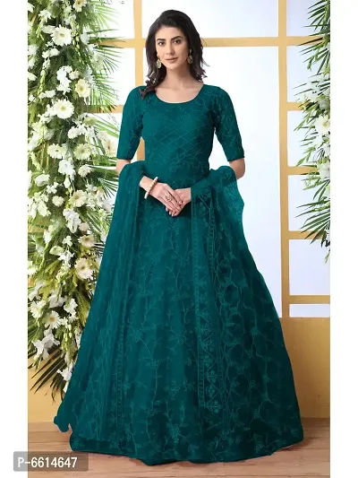 Green Net Embroidered Ethnic Gowns For Women