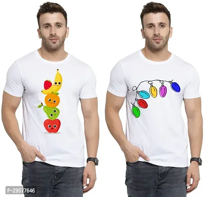 Elegant White Cotton Printed Round Neck Tees For Men- Pack Of 2-thumb0