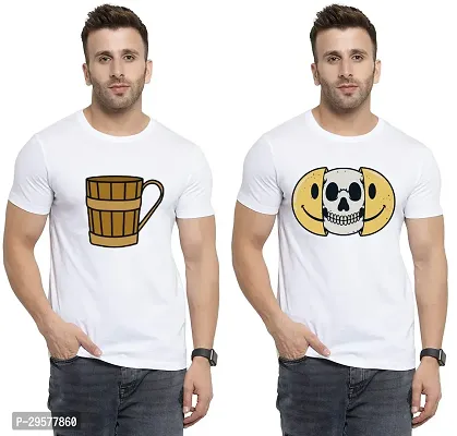 Elegant White Cotton Printed Round Neck Tees For Men- Pack Of 2-thumb0