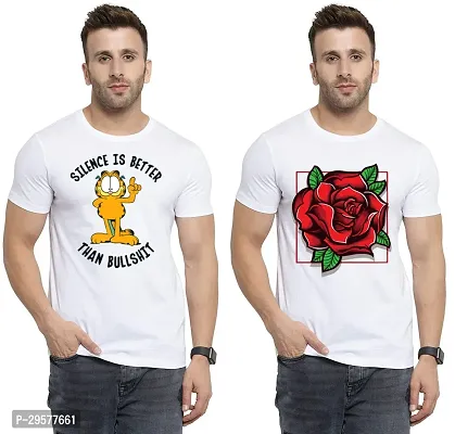 Elegant White Cotton Printed Round Neck Tees For Men- Pack Of 2-thumb0