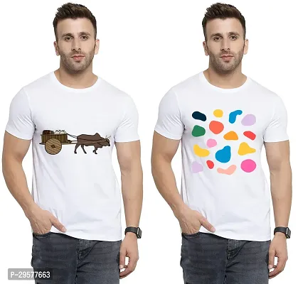 Elegant White Cotton Printed Round Neck Tees For Men- Pack Of 2