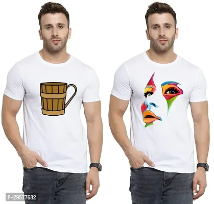 Elegant White Cotton Printed Round Neck Tees For Men- Pack Of 2-thumb0