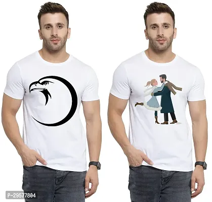 Elegant White Cotton Printed Round Neck Tees For Men- Pack Of 2-thumb0