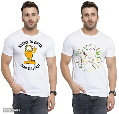 Elegant White Cotton Printed Round Neck Tees For Men- Pack Of 2