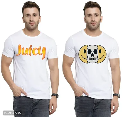 Elegant White Cotton Printed Round Neck Tees For Men- Pack Of 2-thumb0