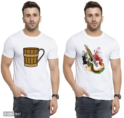 Elegant White Cotton Printed Round Neck Tees For Men- Pack Of 2-thumb0