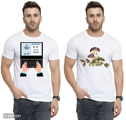 Elegant White Cotton Printed Round Neck Tees For Men- Pack Of 2