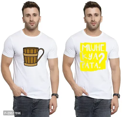 Elegant White Cotton Printed Round Neck Tees For Men- Pack Of 2-thumb0