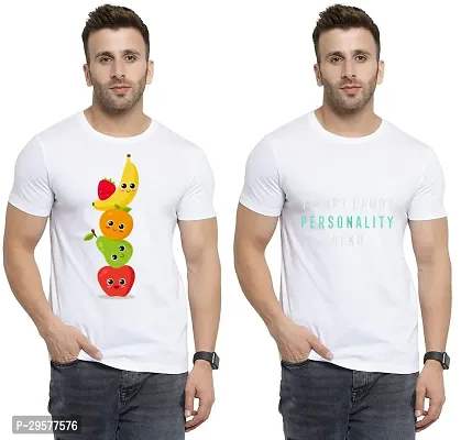 Elegant White Cotton Printed Round Neck Tees For Men- Pack Of 2-thumb0