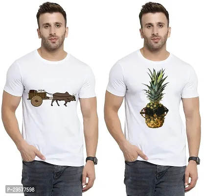 Elegant White Cotton Printed Round Neck Tees For Men- Pack Of 2-thumb0