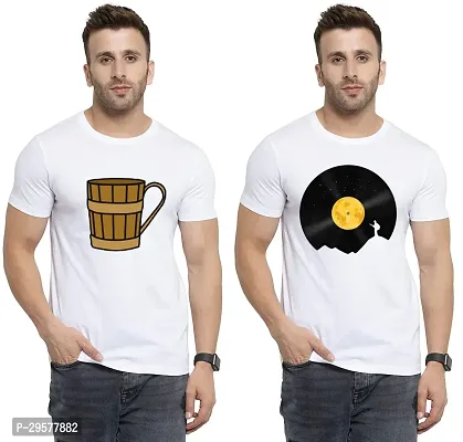 Elegant White Cotton Printed Round Neck Tees For Men- Pack Of 2