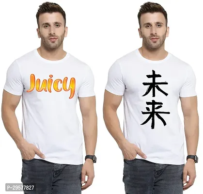 Elegant White Cotton Printed Round Neck Tees For Men- Pack Of 2-thumb0