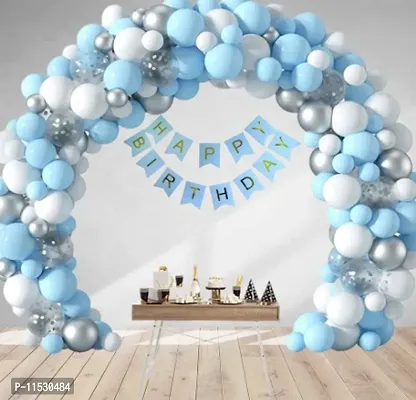 Premium Quality Birthday Set Of Metallic Silver, White And Pastel Blue Balloons-thumb0