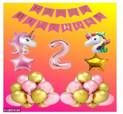 Jolly Party 1 set Happy Birthday Pink Banner,2 pcs Foil Star Rose Gold + Golden + 2 pc Unicorn head Foil Balloon + 30 Pcs Metallic Balloons ( Pink  Gold),2 No. Foil Number Rose gold