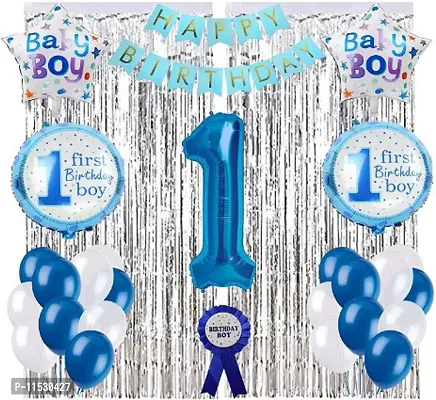 Boys First Birthday Decorations Combo Of Balloons, Curtains, Bday Boy Badge